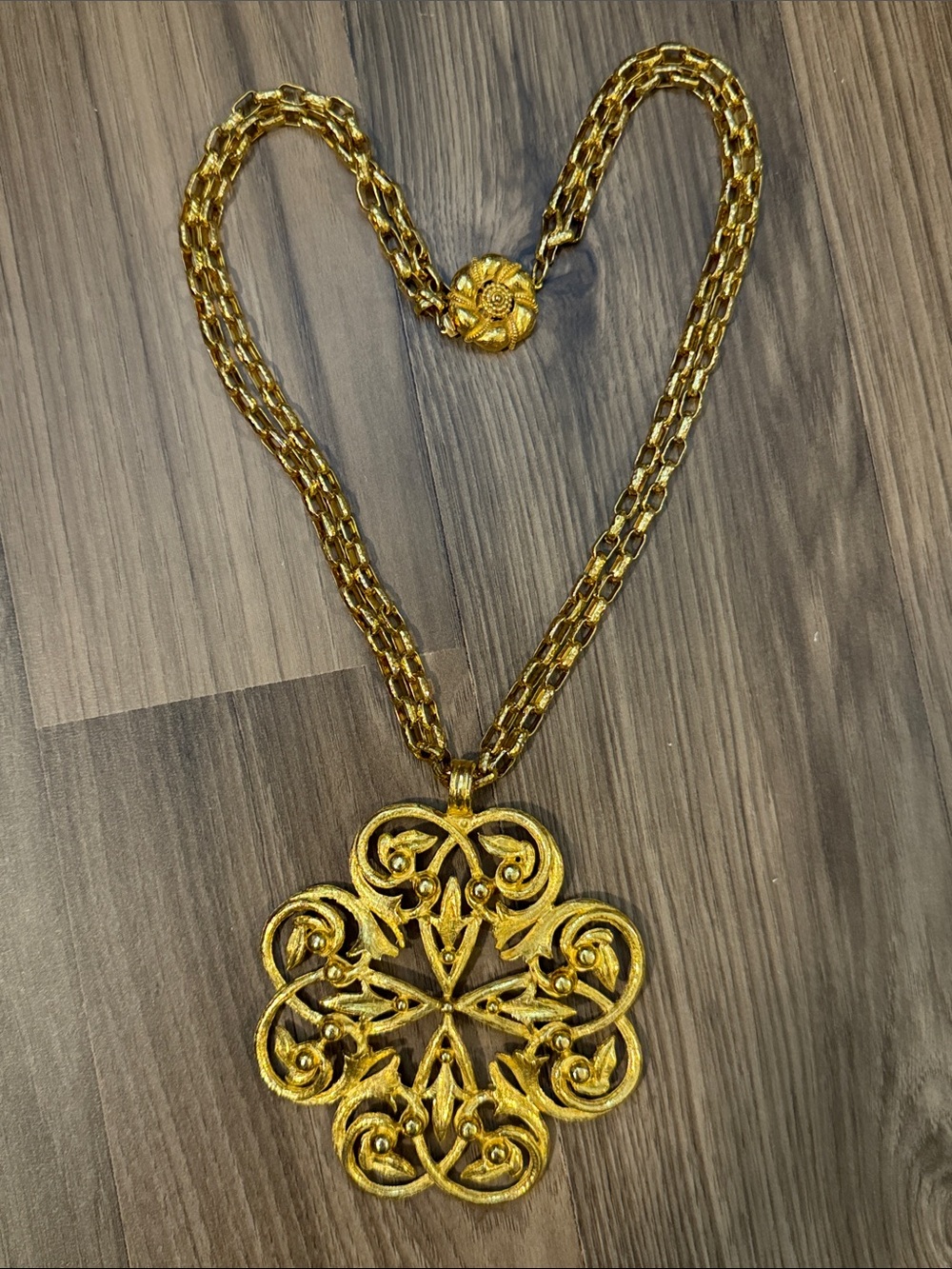 Judith McCann Vintage Goldtone Medallion Floral Filigree Double Chain Necklace